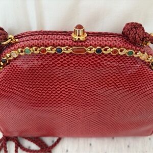 VTG Judith Leiber Red Lizard Evening Shoulder Bag with Gemstone/Gold Trim
